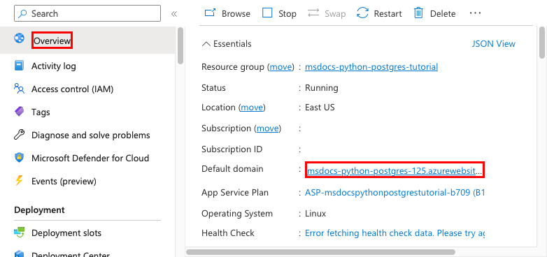 A screenshot showing how to launch an App Service from the Azure portal.