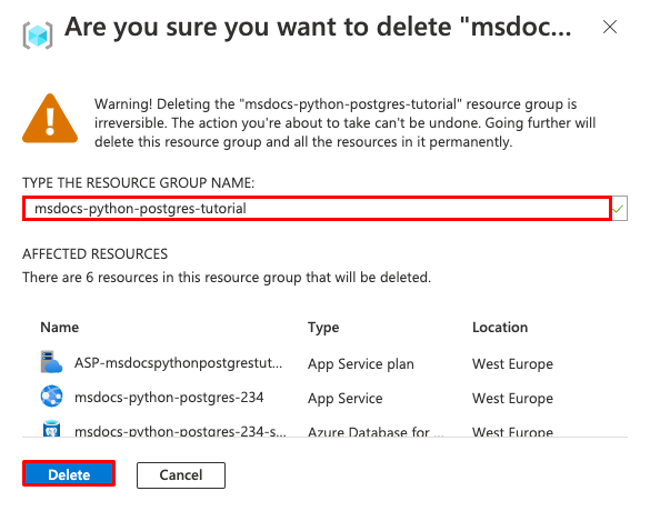 A screenshot of the confirmation dialog for deleting a resource group in the Azure portal.