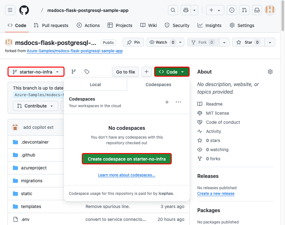 A screenshot showing how to create a codespace in GitHub.