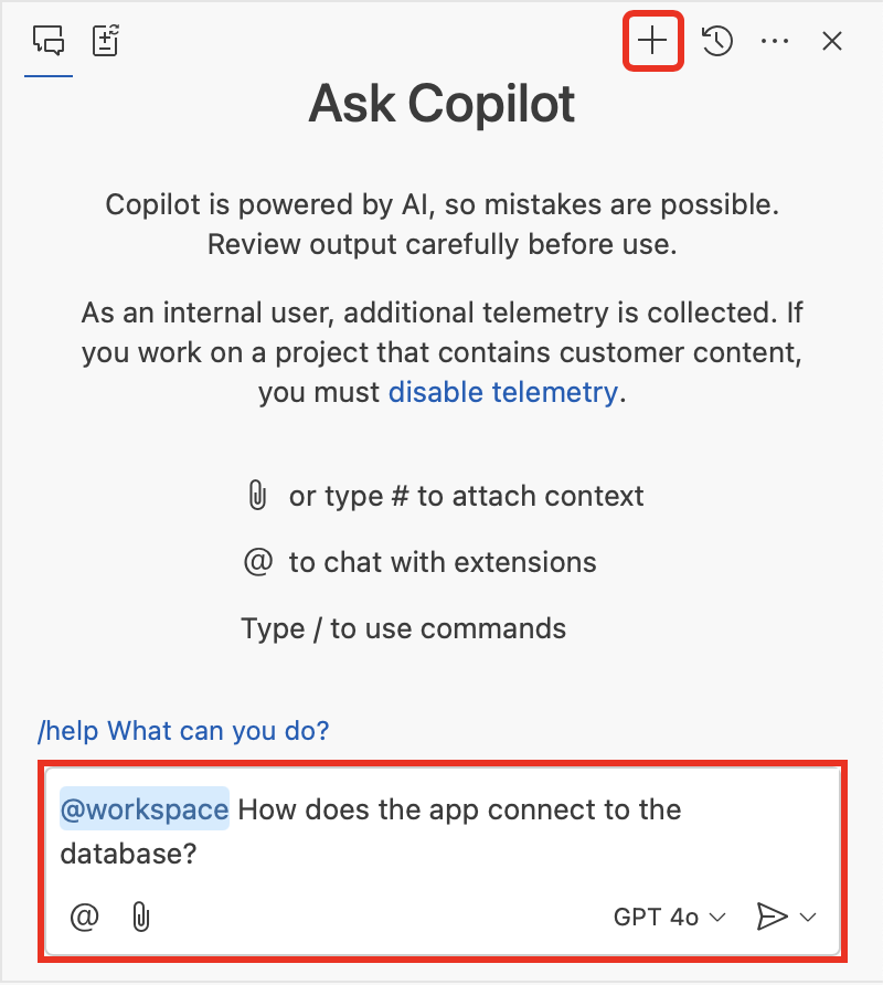 A screenshot showing how to ask a question in a new GitHub Copilot chat session.