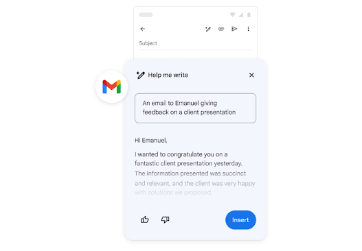 Gemini někomu pomáhá napsat e‑mail se zpětnou vazbou k prezentaci klienta.