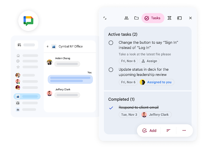 A pop-up opens from within Google Chat to show active and completed tasks assigned to you and your team.
