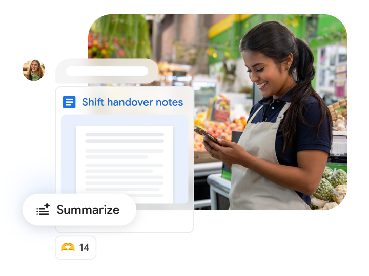 En smilende kvinde med iført et forklæde til sit arbejde i et supermarked kigger på sin telefon. En overlejring viser et dokument med "Noter til vagtskifte" og funktionen "Opsummering".