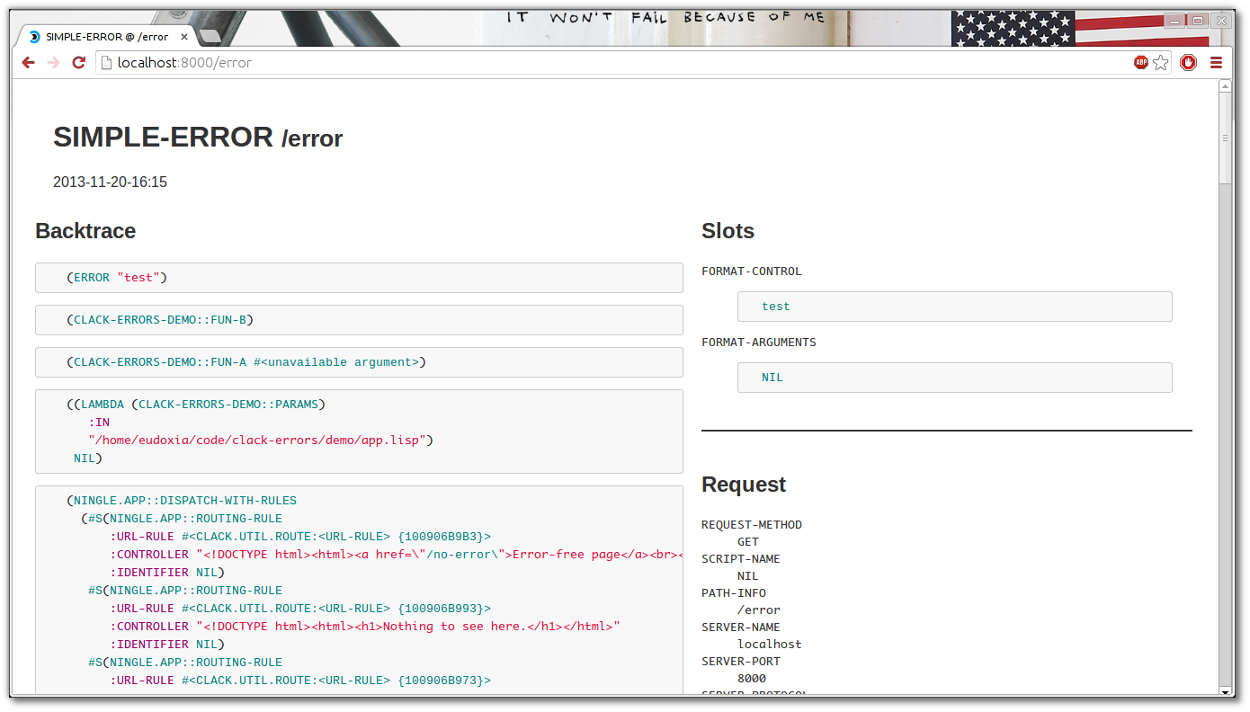 The clack-errors plugin shows the error message, a legible backtrace and environment variables.