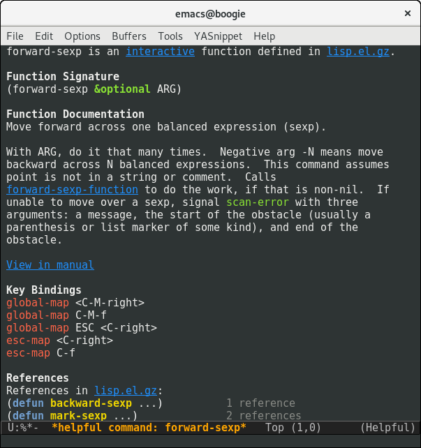 The Emacs helpful package shows detailed information about a symbol.