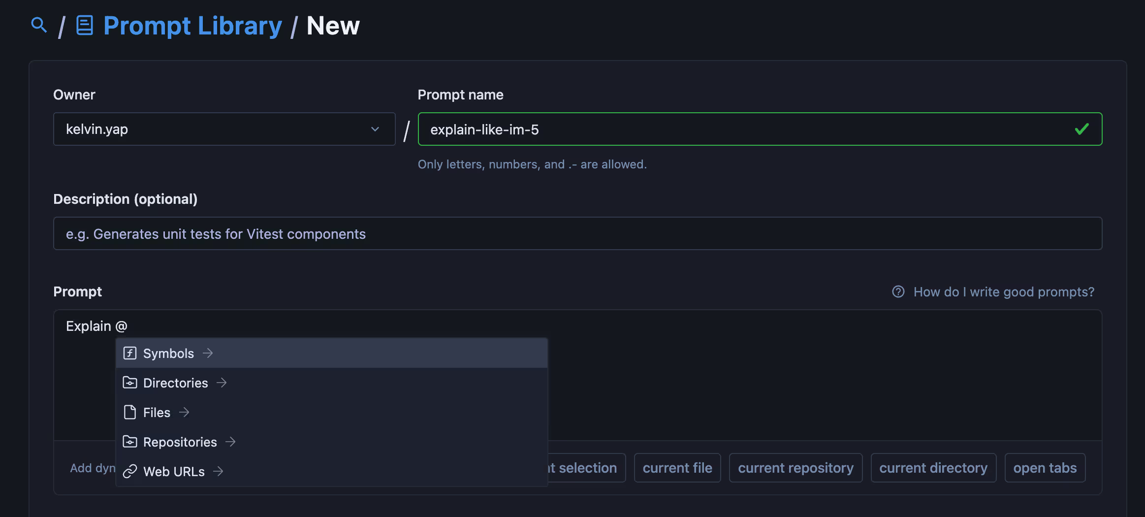 Preconfigure context in saved prompts