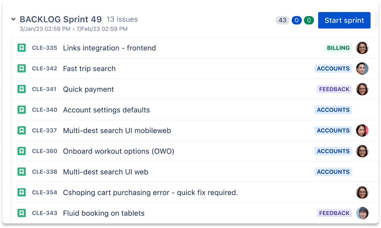 Screenshot van de backlog van Jira Software.