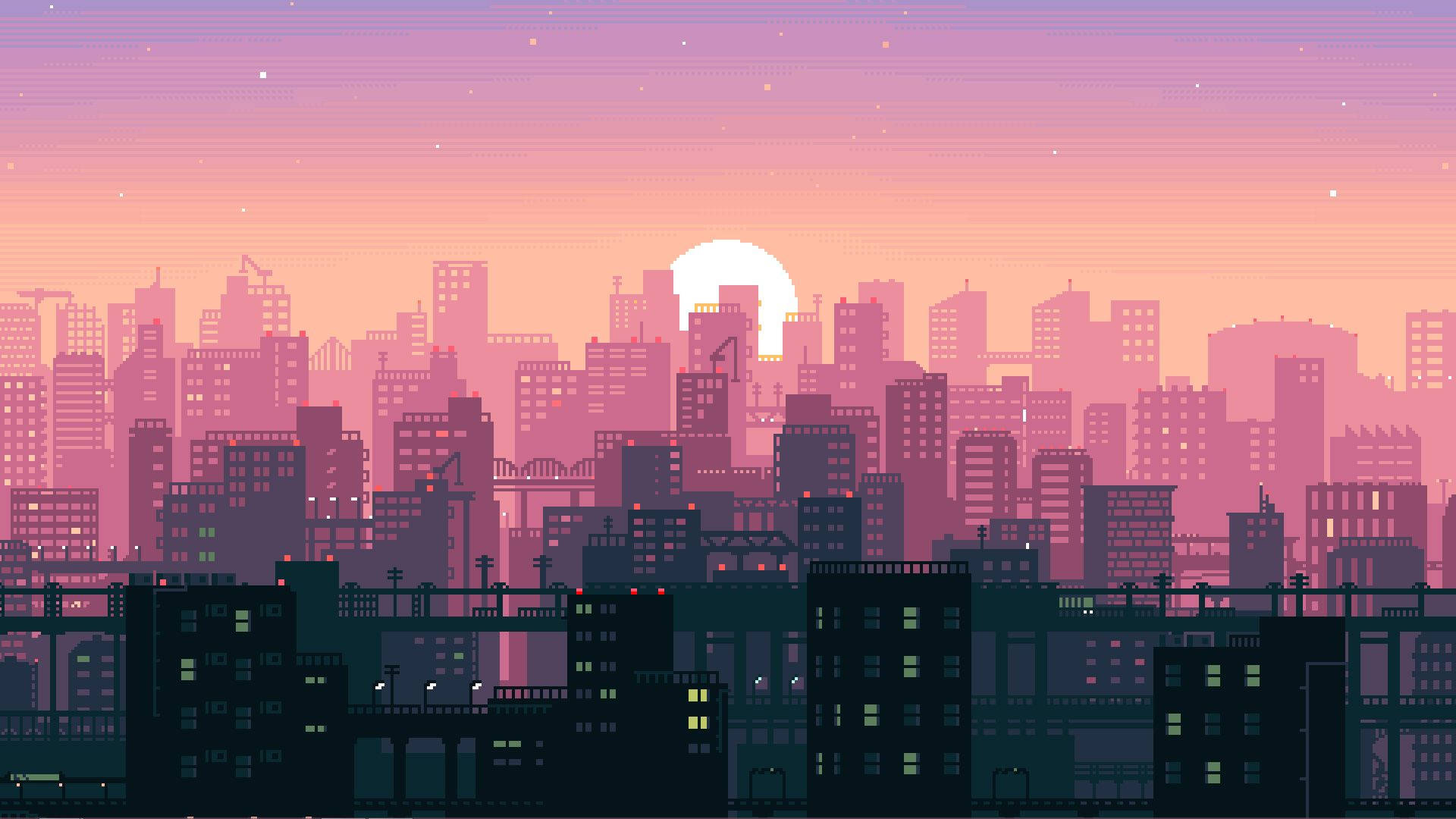 8bitpixel Anime Ciudad Atardecer Fondo de pantalla