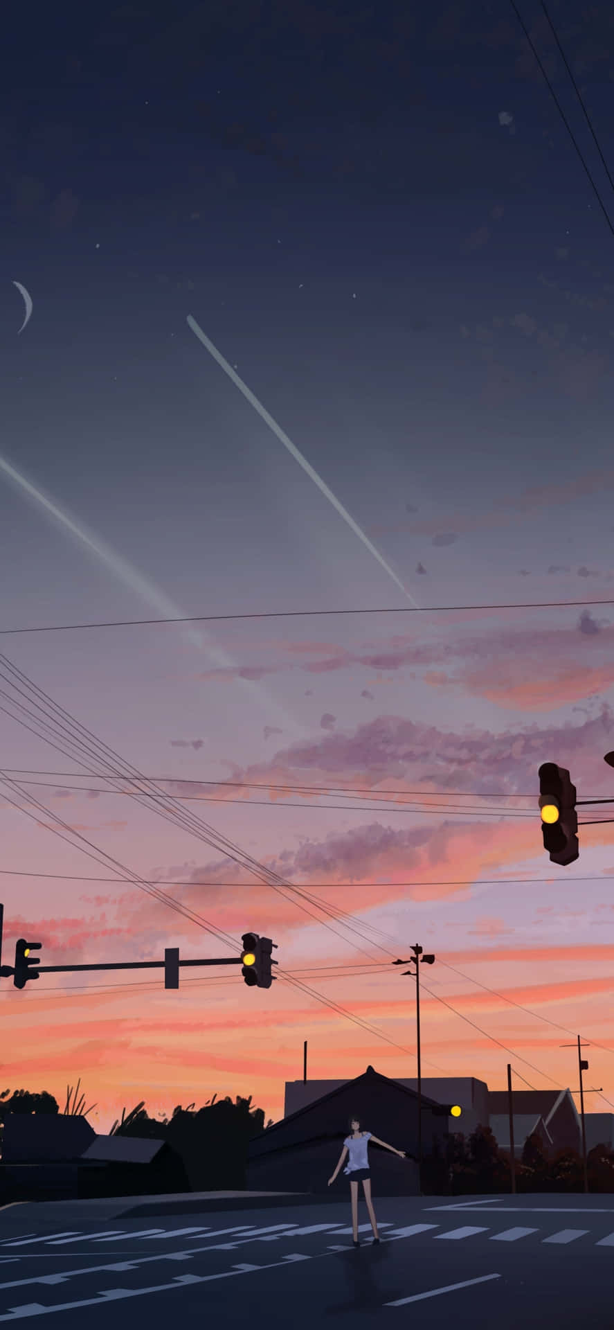 Blå Himmel, Rosa Skyer, Og En Silhuett Av Et Tre I Den Varme, Gyldne Solnedgangen Bakgrunnsbildet