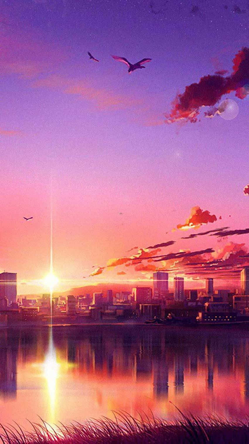 Fang Dette Livlige Magiske Øyeblikket Av En Anime Solnedgang Sett Gjennom En Telefon. Bakgrunnsbildet