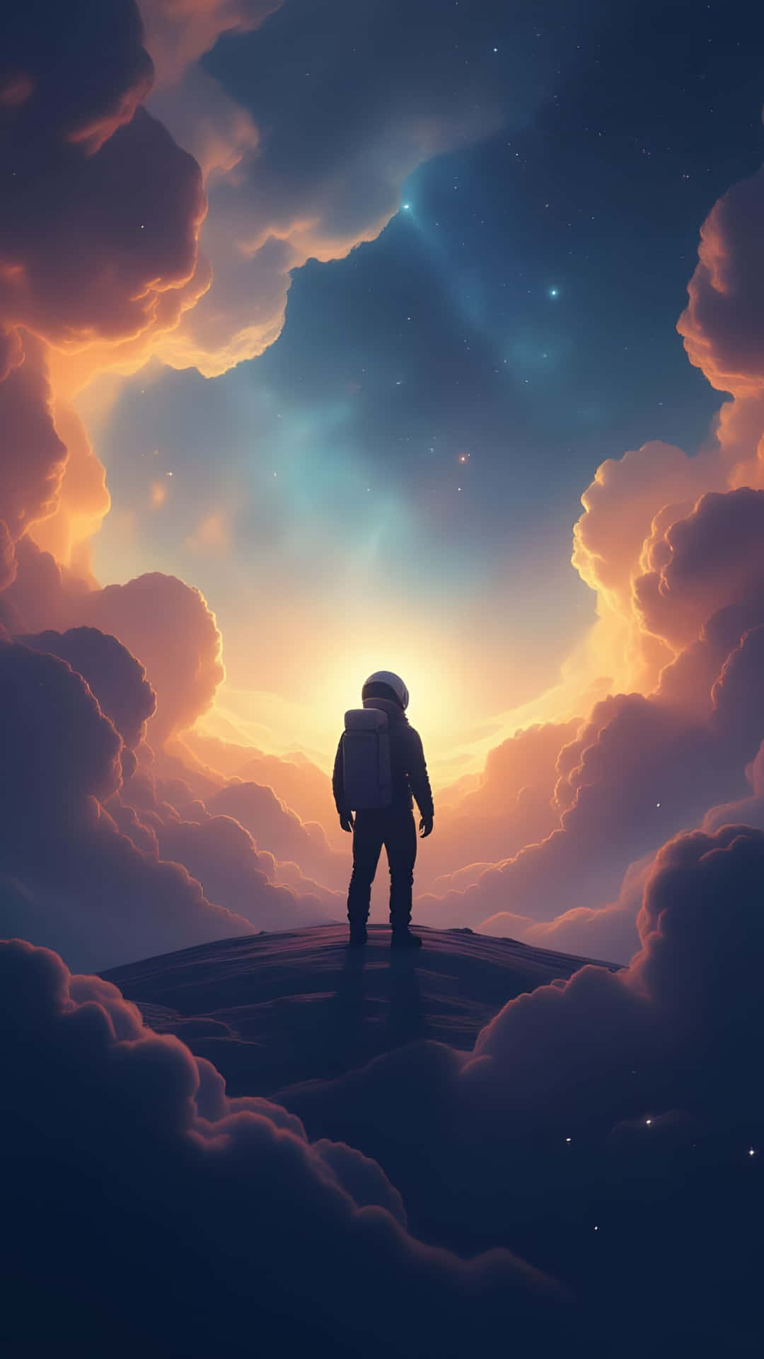 Astronaut Standing On A Cloud Peak At Sunset Wallpaper