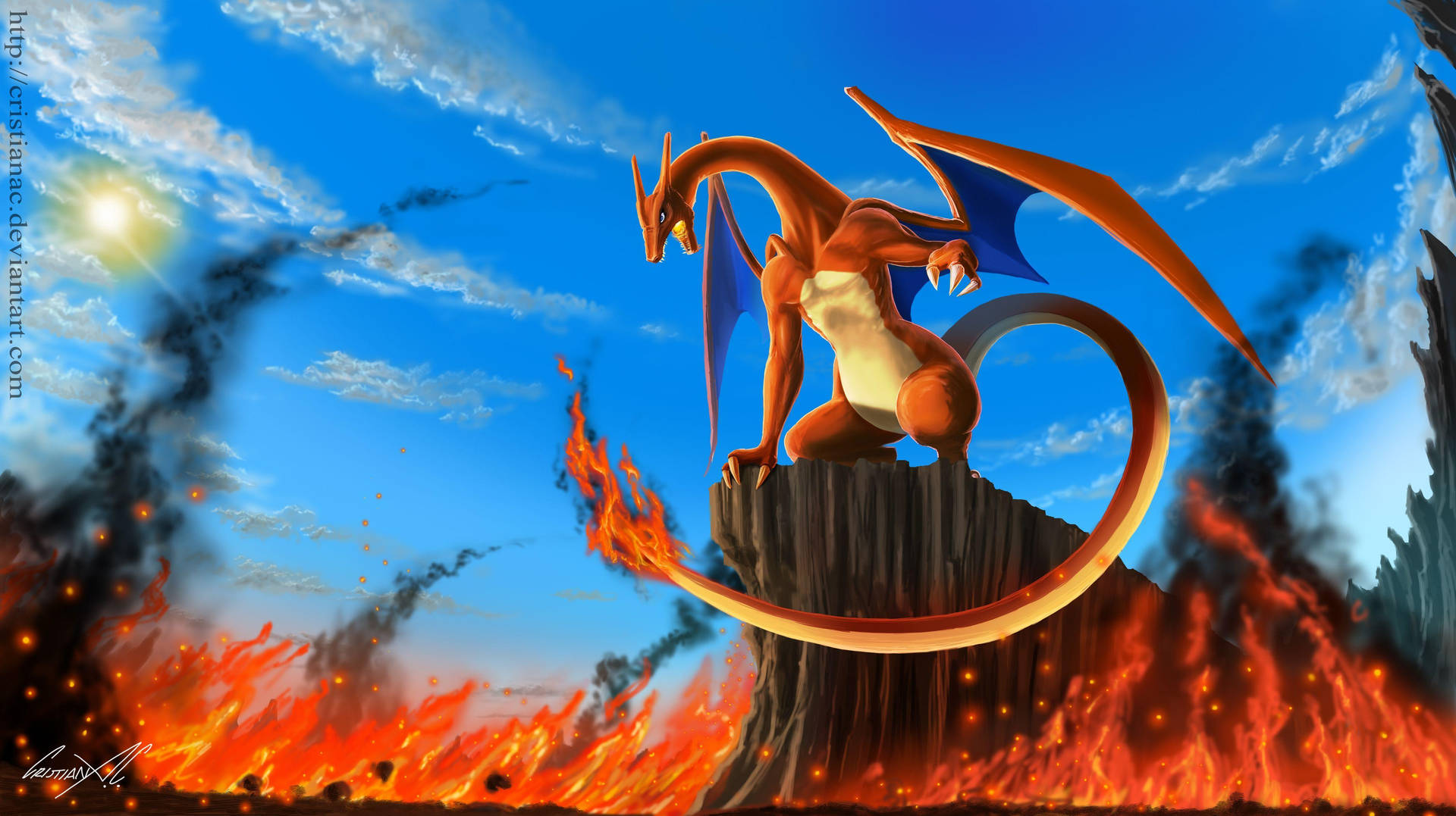 Bilde Majestetisk Charizard Puster Ild I Åpen Himmel Bakgrunnsbildet