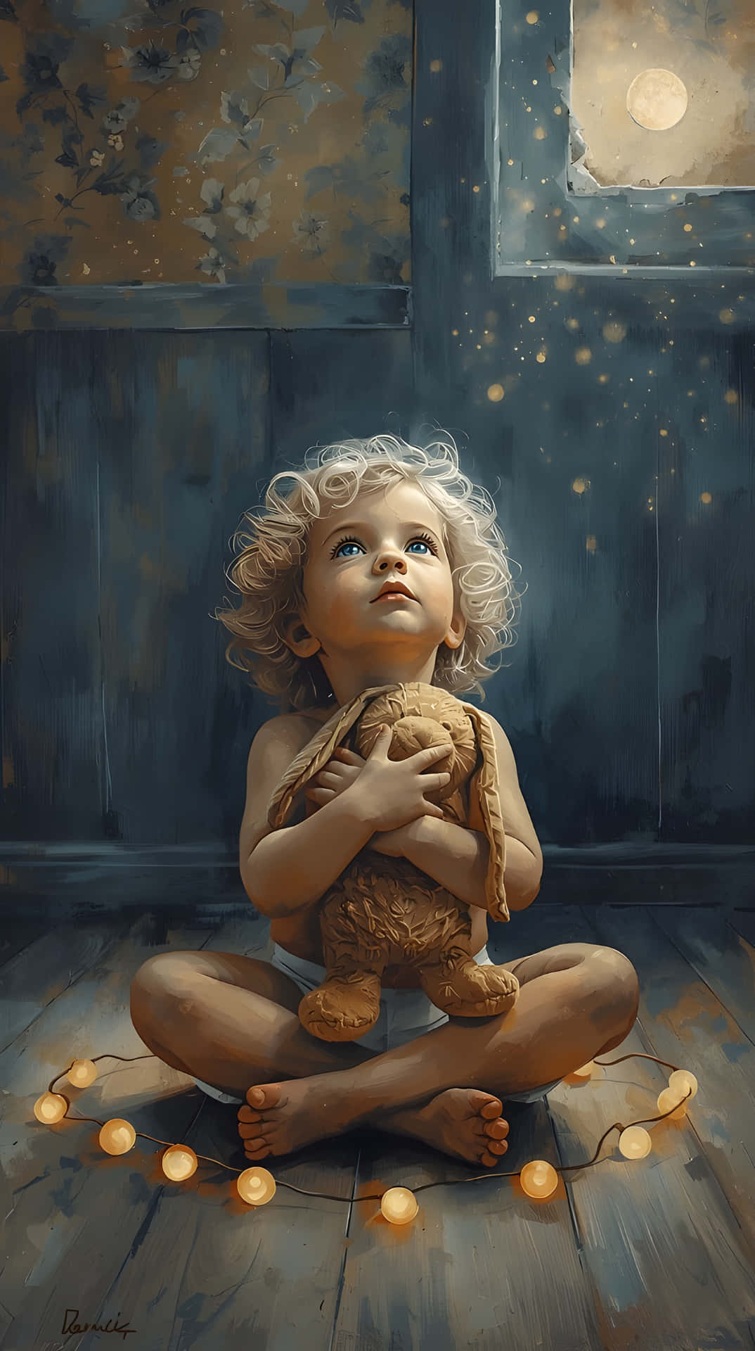Cute Kid With Fairy Lights Wallpaper
