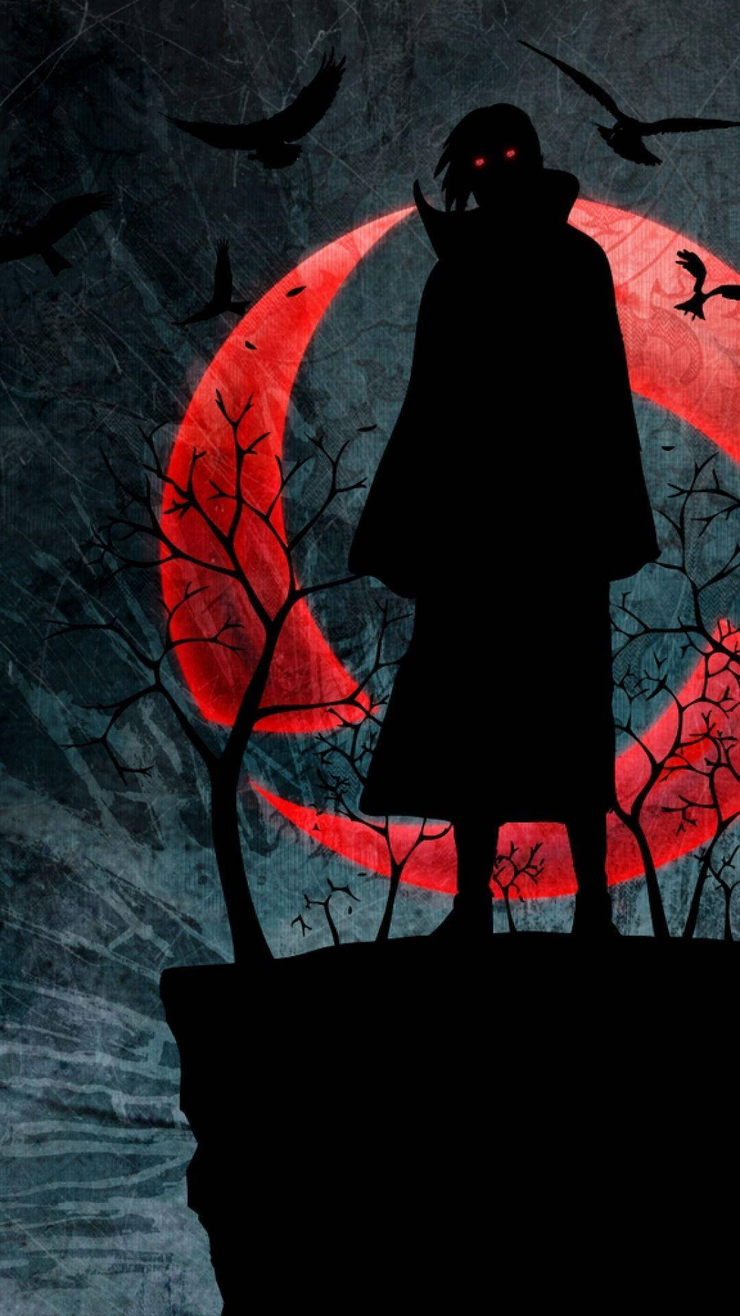 Mysterious Itachi Uchiha under the haunting red moon. Wallpaper