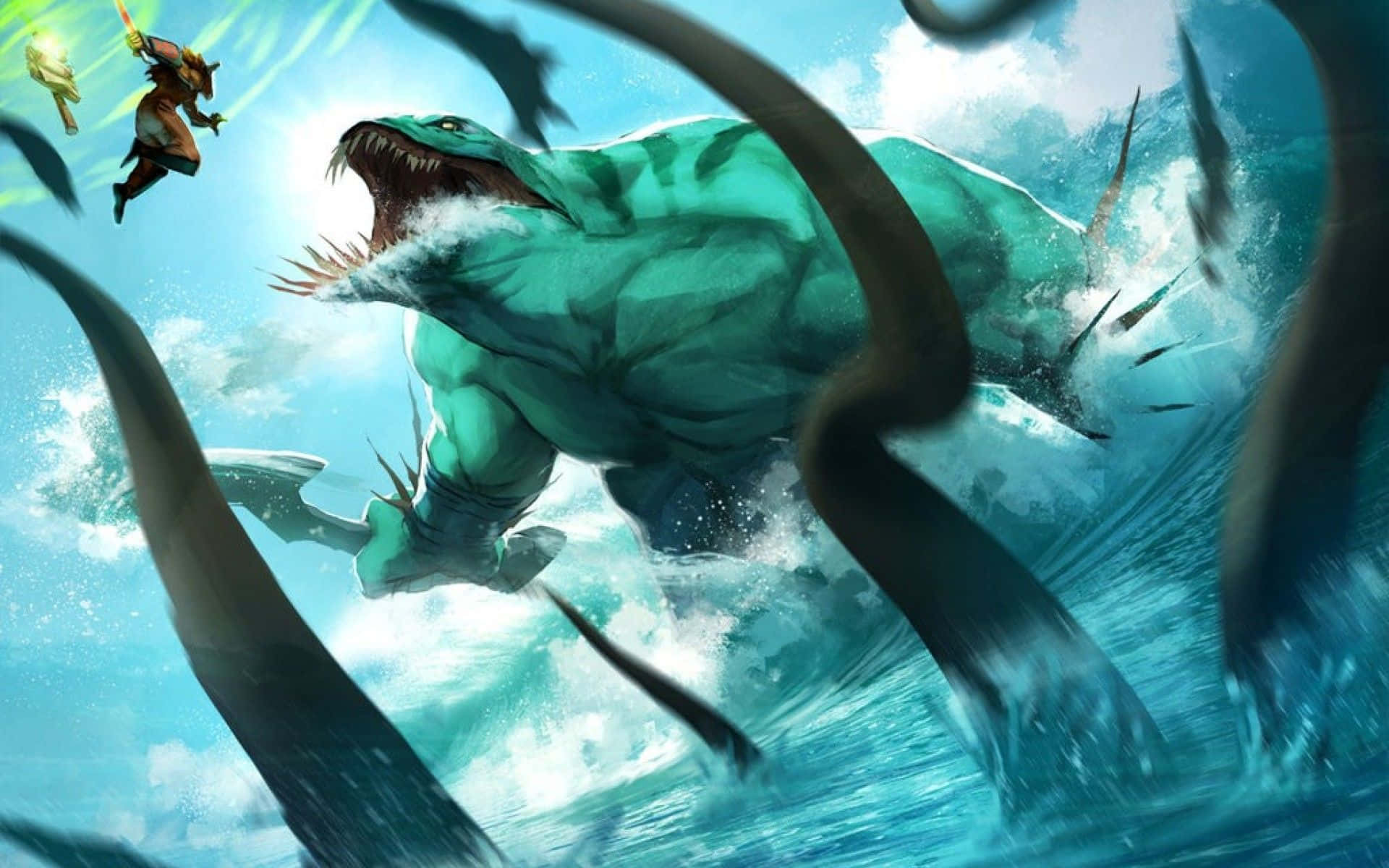 Dota 2 Juggernaut Springt In De Lucht Achtergrond