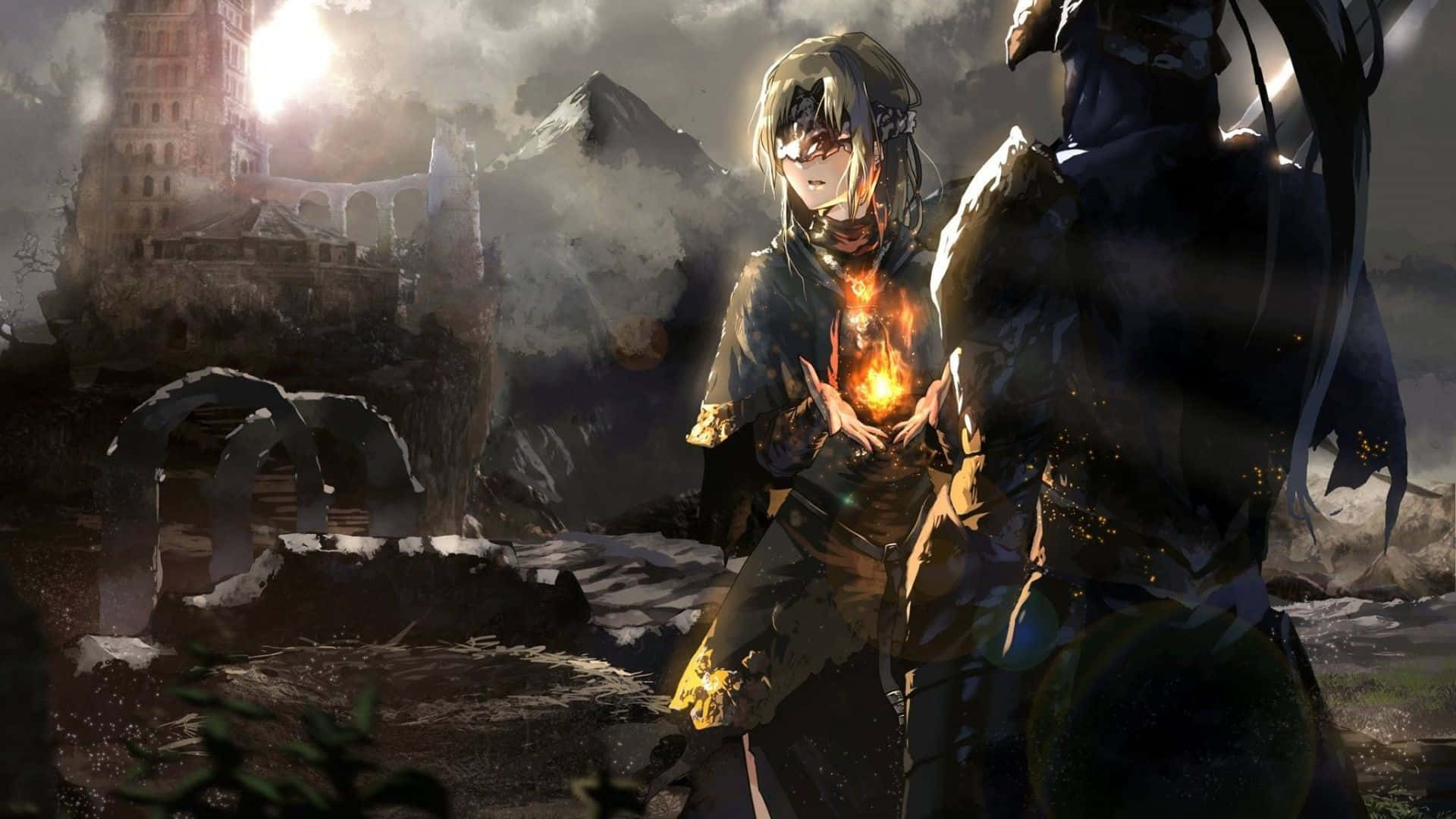 Enigmatic Fire Keeper in a Majestic Landscape Wallpaper