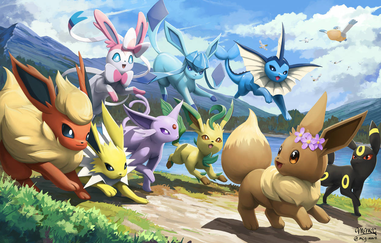 Venner For Alltid - Glaceon Med Sine Eevee-venner Bakgrunnsbildet