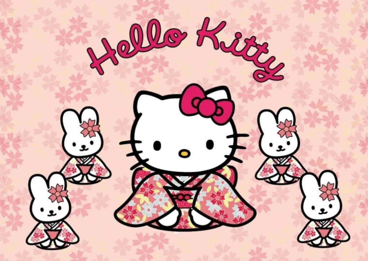 Hello Kitty Ordinateur Portable Avec Des Lapins En Kimono Fond d'écran
