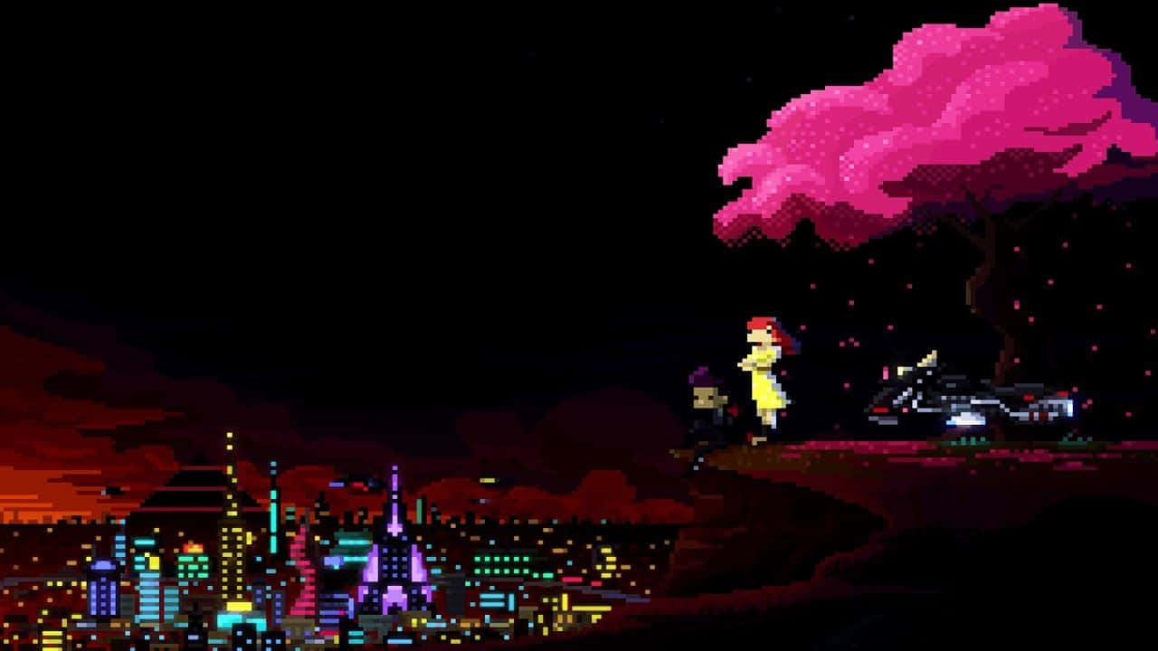 Amantesde 8 Bits Mirando La Ciudad En Un Escritorio Lo Fi Fondo de pantalla