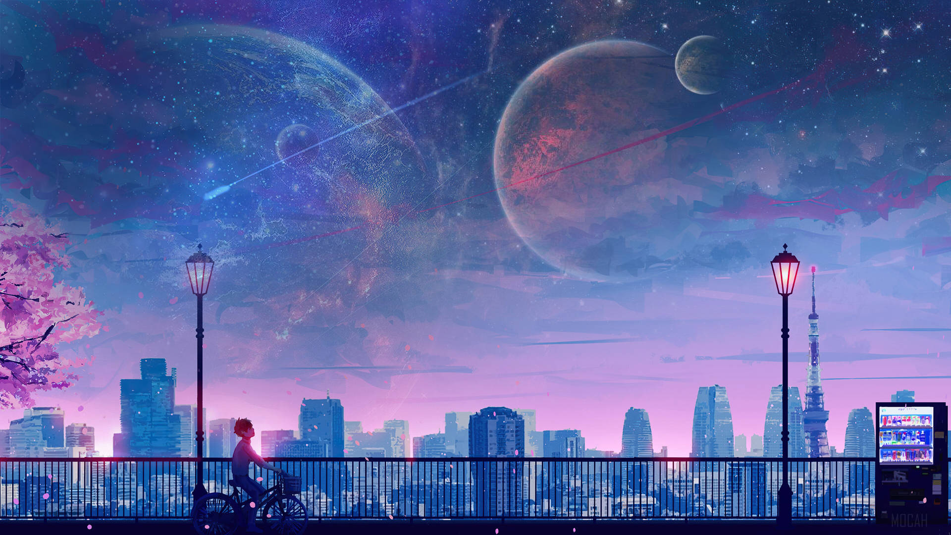 Serene 4K Moon over a Park with a Thoughtful Anime Boy Wallpaper