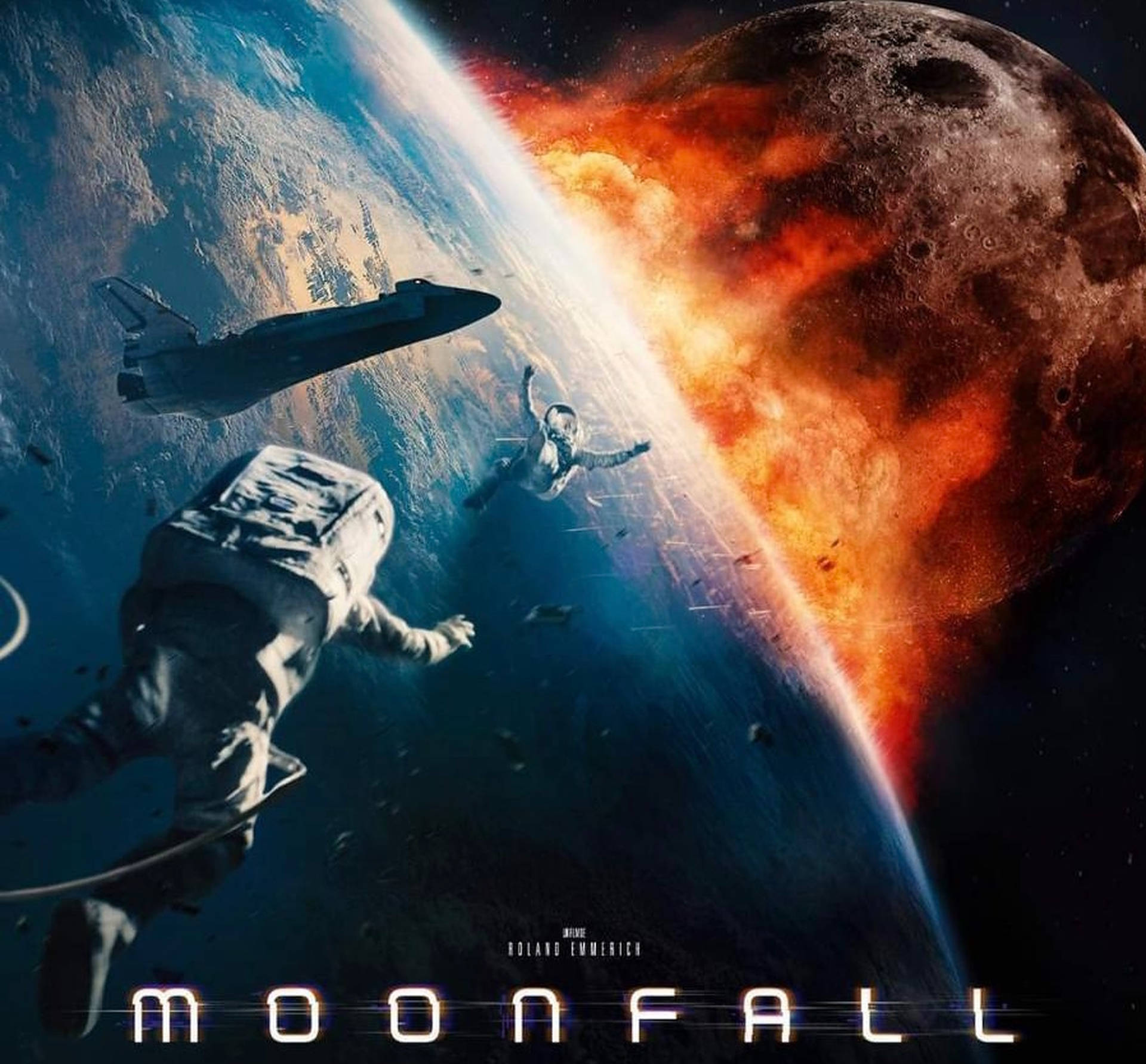 Intense Lunar Plunge in Moonfall Movie Poster Wallpaper
