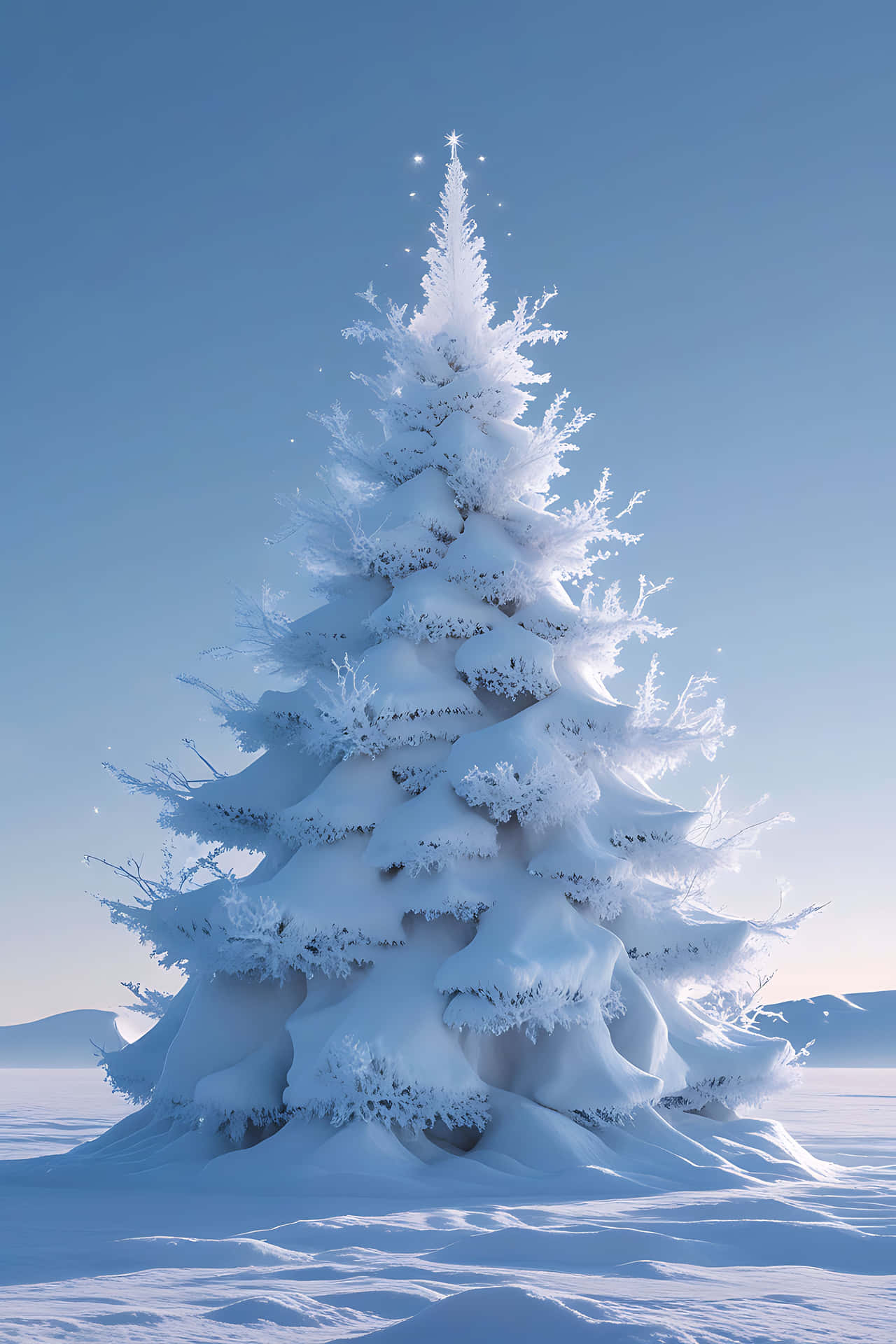 Snowy Pine Tree In Winter Landscape Wallpaper