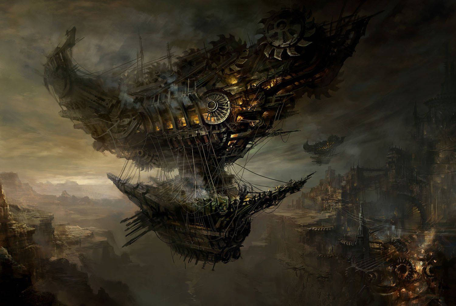 Soar high in a beautiful steampunk-style airship Wallpaper