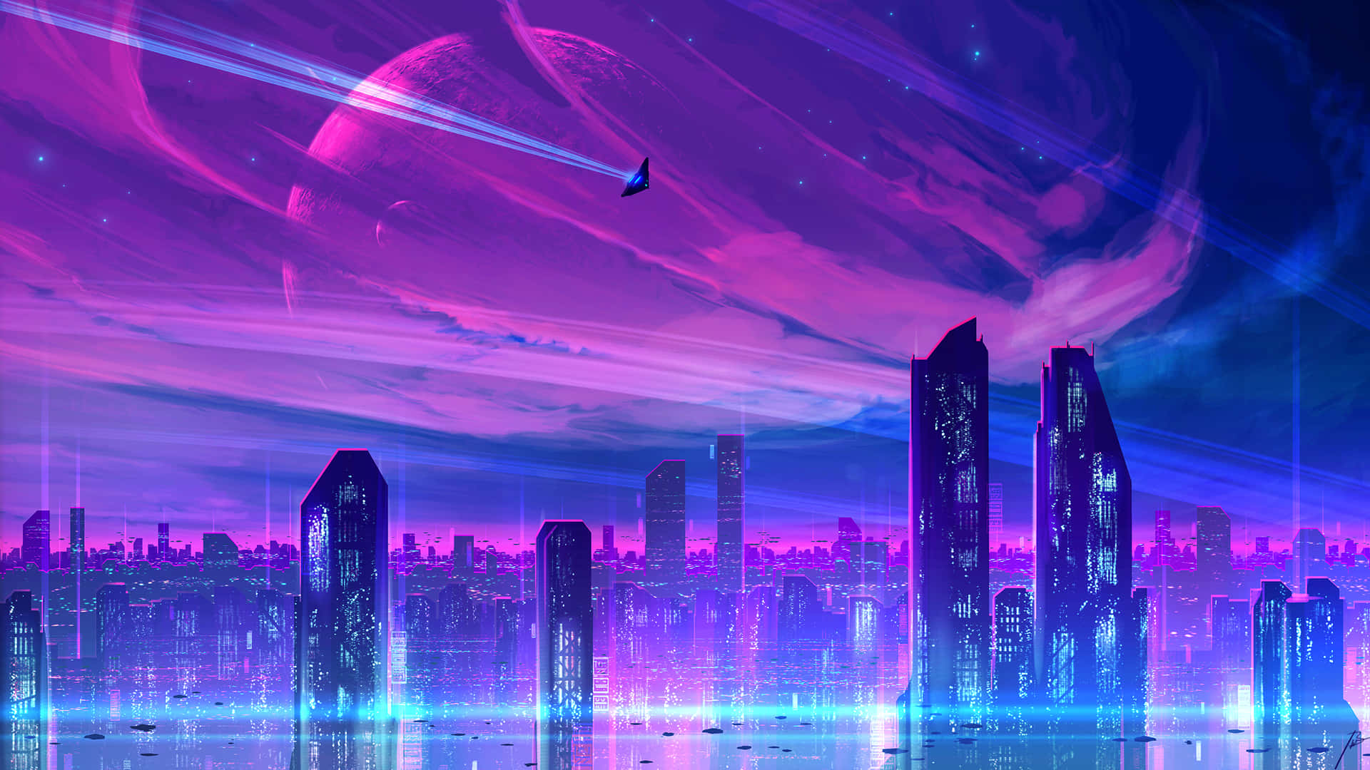 Utforskade Neon Lysande Sevärdheterna I Synthwave City. Wallpaper