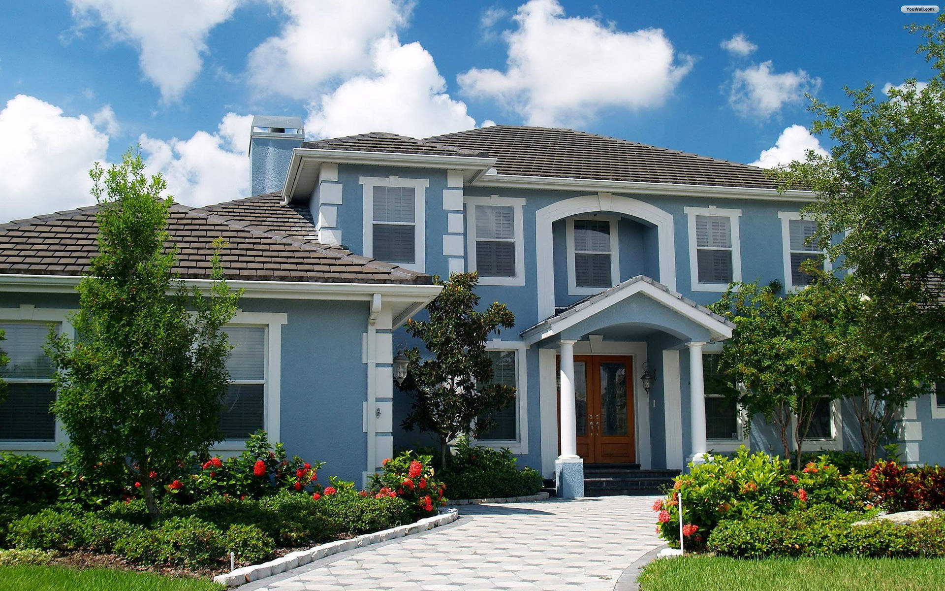 Casade Dos Pisos Hermosa De Color Azul. Fondo de pantalla