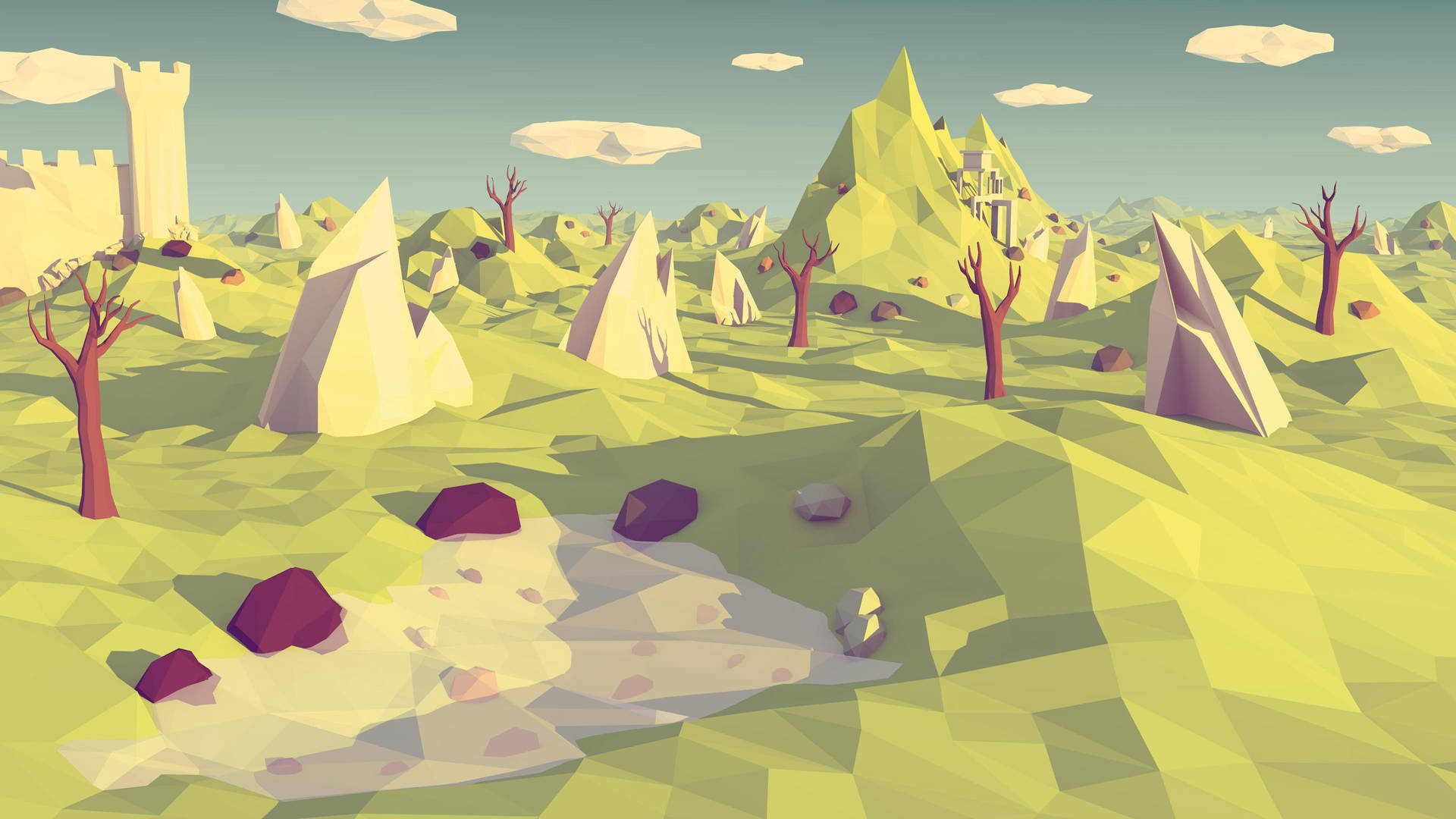 Yellow-Green Low Poly Landscape Wallpaper
