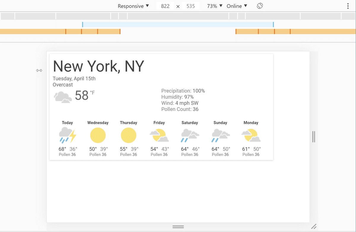 DevTools with our weather app open and a width of 822 pixels selected.