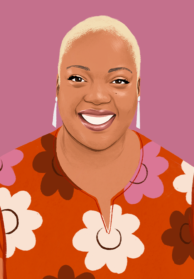 Ritratto illustrato di Nafisah che sorride, rivolta verso chi legge.