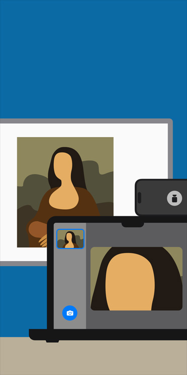 Ilustración animada de la app Lupa en la pantalla de una MacBook haciendo zoom en una imagen de la Mona Lisa que se muestra en el pizarrón de un salón de clases