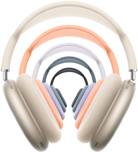 Un paio di cuffie over-ear AirPods Max viola, cuscinetti, aste telescopiche, archetto