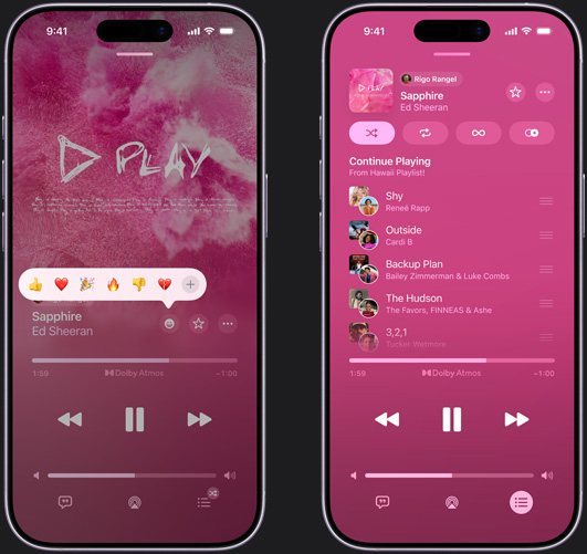 A bal oldalon lévő iPhone-on Madi Diaz és Kacey Musgraves Don't Do Me Good című száma megy, melyre a felfelé mutató hüvelykujj, szív, ünneplés, lefelé mutató hüvelykujj és más reakció hozzáadása emojival lehet reagálni. A jobb oldalon lévő iPhone-on A nagy utazás nevű, együttműködésen alapuló lejátszási lista látható, amelyen több dalt más közreműködők adtak hozzá