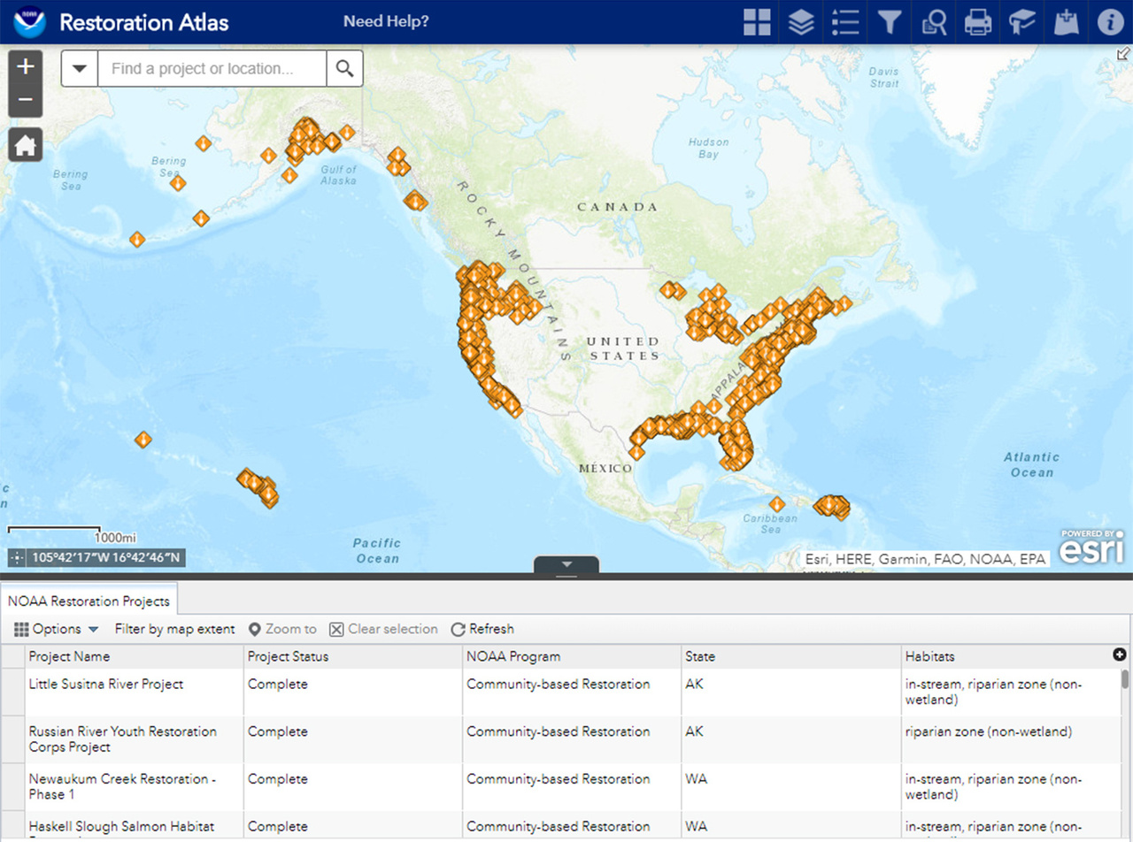 Restoration Atlas screenshot showing NOAA community-based restoration projects