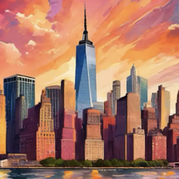 AI-generated art of buildings in Manhattan at sunset, with the World Trade Center standing prominently in the middle.