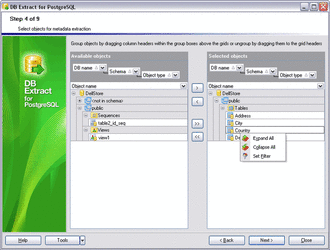 Выбор объектов для извлечения метаданных